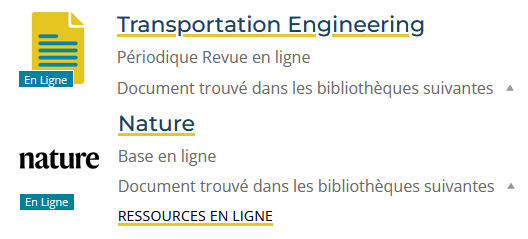 Capture d'écran du site des BU de l'UPHF : exemple de ressources sous licence nationale signalées dans le catalogue.