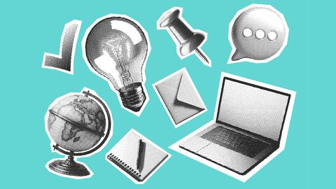 Illustration IT2S en chiffres : ordinateur portable, mappemonde, ampoule, punaise, enveloppe, bloc note