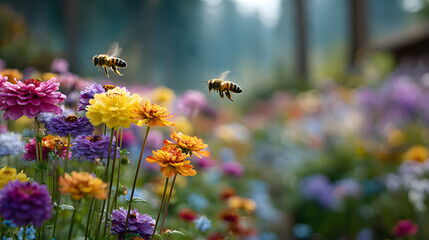 Deux abeilles en train de butiner au-dessus de fleurs colorées dans un jardin printanier